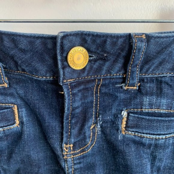 American Eagle Dark Wash Hipster Hand Cut Denim Shorts - Picture 6 of 7